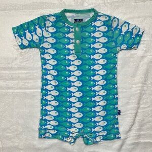 EEUC Kickee Pants blue & green fish print romper size 0/3mo